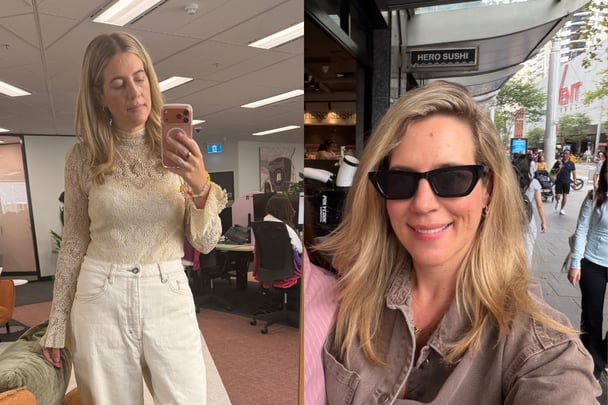 woman with a middle part and new side part trend
