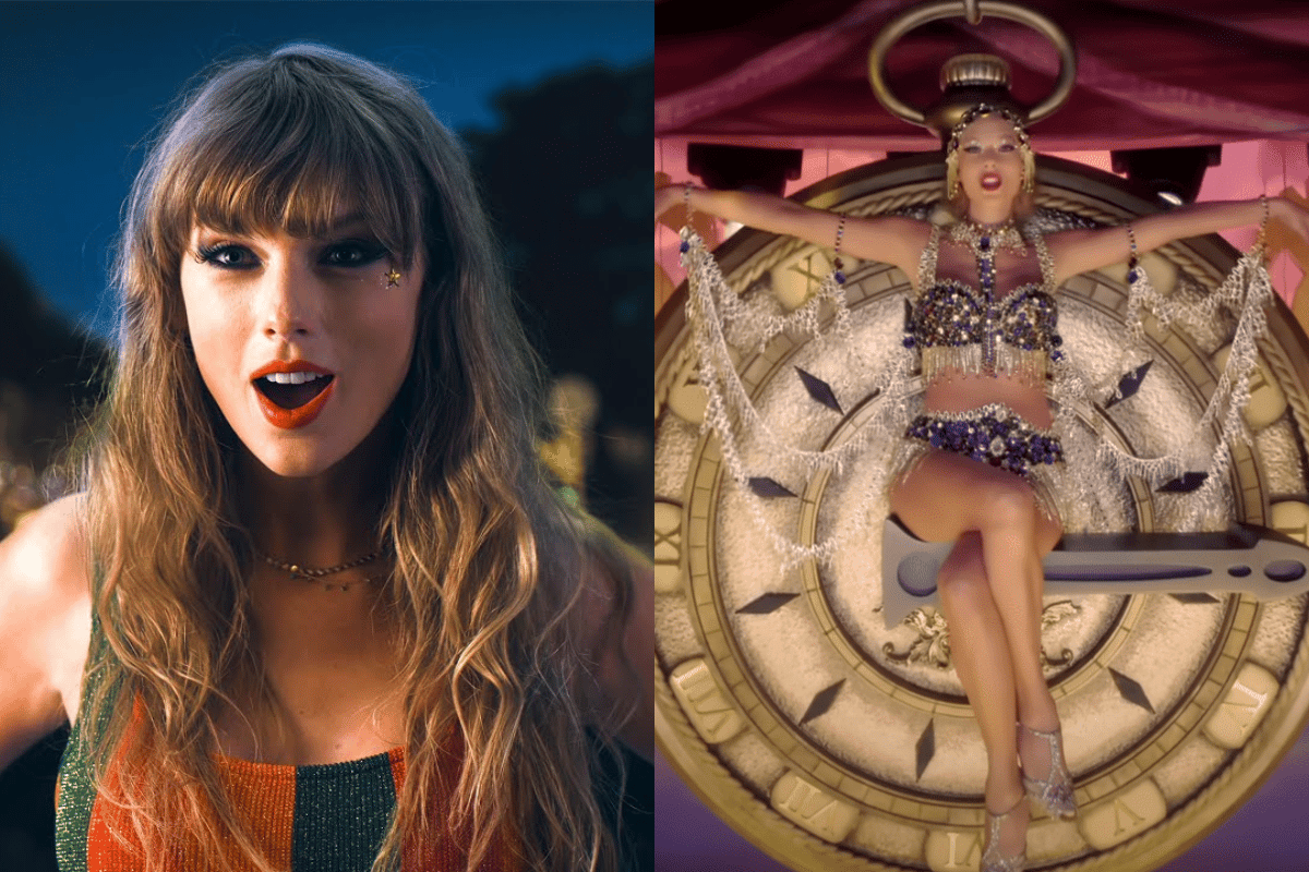 The orange and green sparkly outfit in the Anti Hero MV; and the Showgirl moment from Bejeweled that hinted at Taylor Swift's new album. 