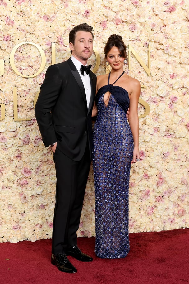 Miles Teller and Keleigh Sperry attends the 82nd Annual Golden Globe Awards.