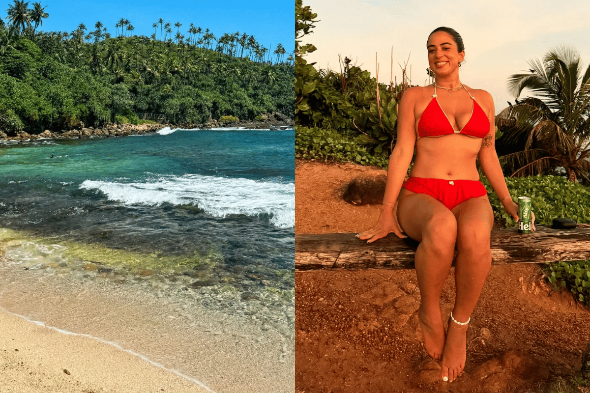 Beach and young woman in a bikini in Sri Lanka..