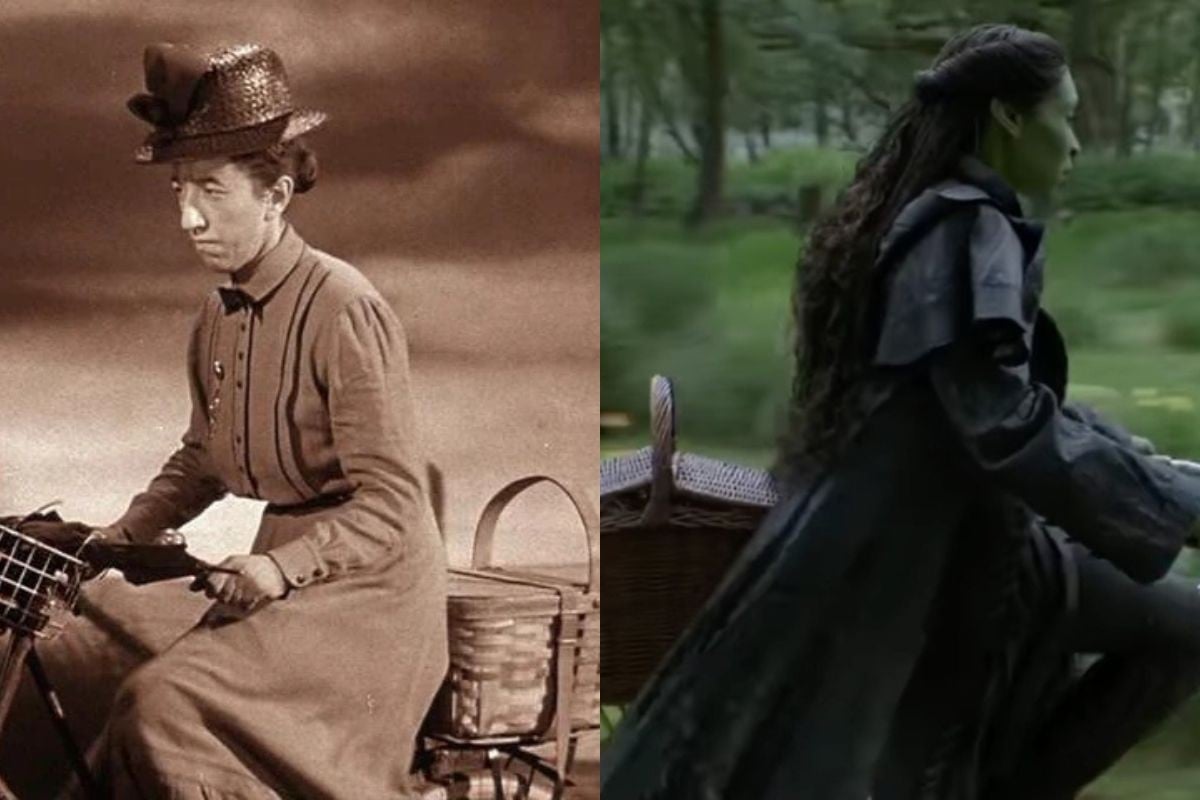 A scene from The Wizard of Oz showing Miss Gulch with Toto, and a scene from Wicked showing Elphaba with the lion.