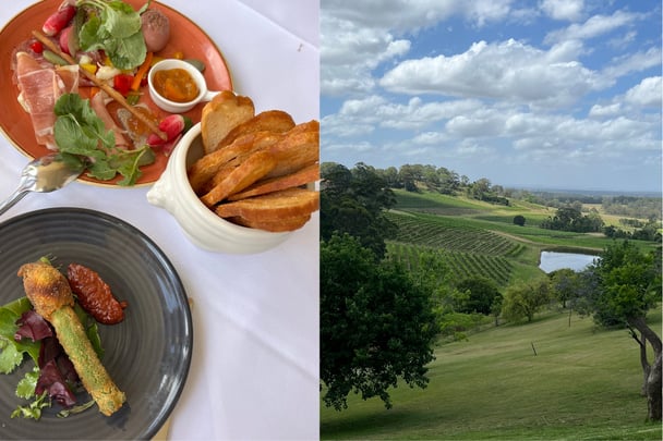 Split image. On the left, two plates of food. On the right, photo of a vinyard.