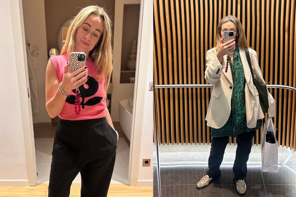 Split image. Mollie posing for mirror selfie in pink vest and black pants, and in a green shirt, cream blazer and jeans.