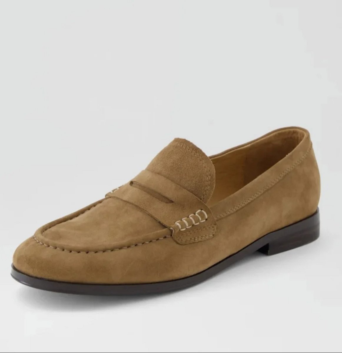 photo of coffee suede loafers