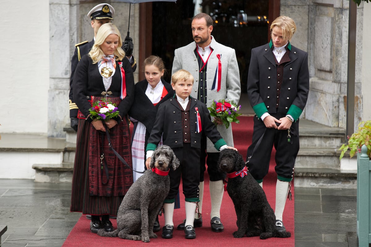 Crown Princess Mette-Marit of Norway, Princess Ingrid Alexandra of Norway, Prince Sverre Magnus of Norway, Crown Prince Haakon of Norway and Marius Borg Hoiby in 2015. 