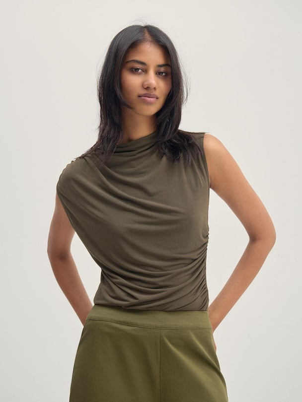 Olive green ruched jersey top.