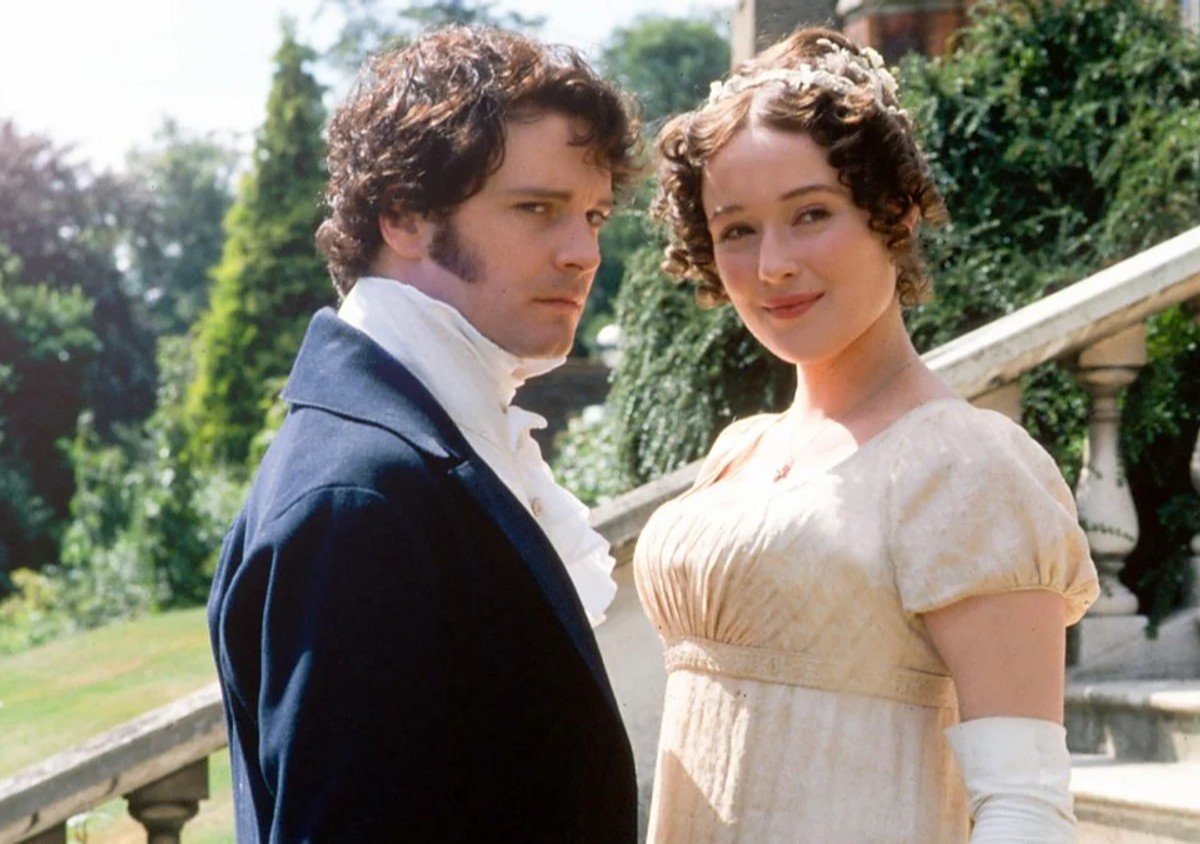 Colin Firth and Jennifer Ehle in regency costumes on the set of BBC's 1995 Pride and Prejudice. 