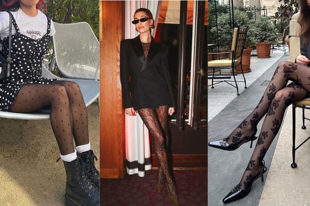 3 women wearing different pattern stockings