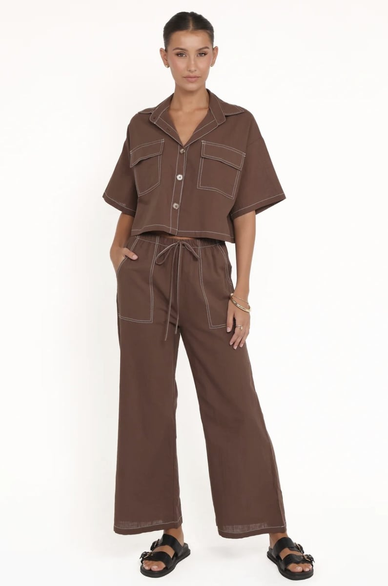 woman wearing chocolate brown set from Petal and Pup