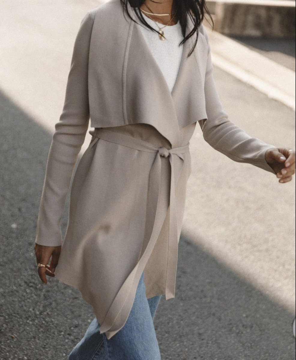 woman wearing beige long cardigan from Petal and Pup