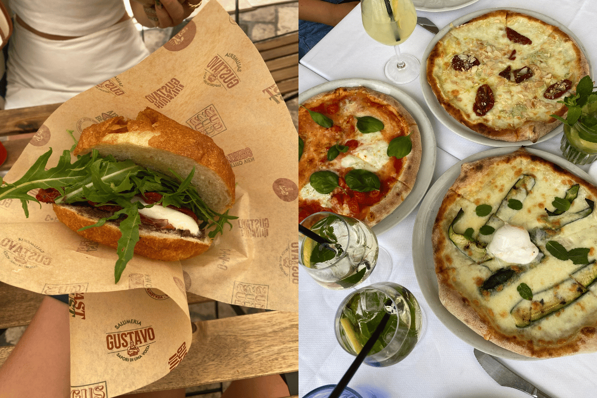 A sandwich and pizzas in Italy.