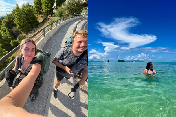 Split image. On the left, Rachel and her husband backpacking outside. On the left, Rachel is swimming in the ocean.