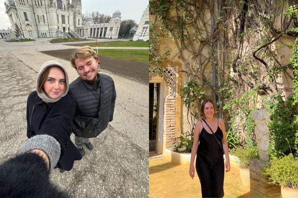 Split image. On the left, Rachel and her husband smile in front of a castle in winter clothes. On the right, Rachel stands in front of a wall covered in vines, in a black dress.
