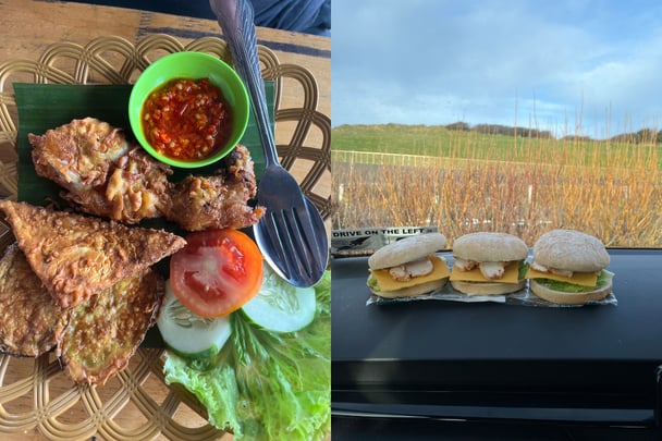 Split image. On the left, fried food with salad in a restaurant, on the right, three bread rolls on a car dash board.