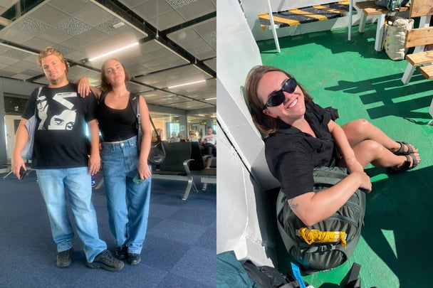 Split image. On the left, Rachel and her husband are posing in an airport. On the right, Rachel sits on the ground with her backpack, smiling.