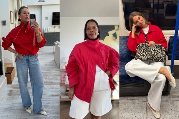 red funnel neck jacket styling inspiration