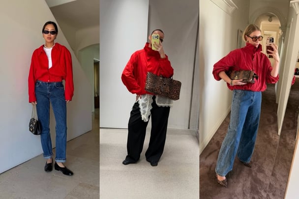 red funnel neck jacket styling inspiration