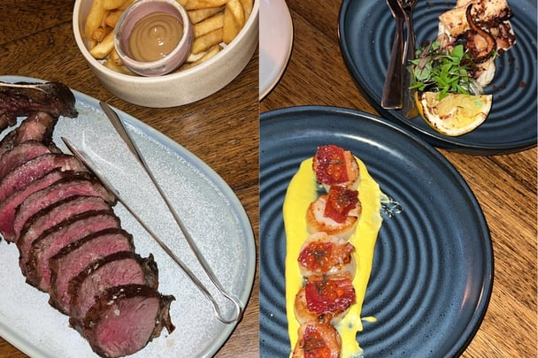 Split image, on the left a steak. On the right, two plates of seafood.