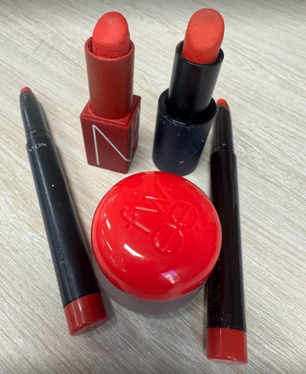 Holly Wainwright’s favourite lipsticks: NARS Powermatte and Revlon ColorStay Crayon in red.