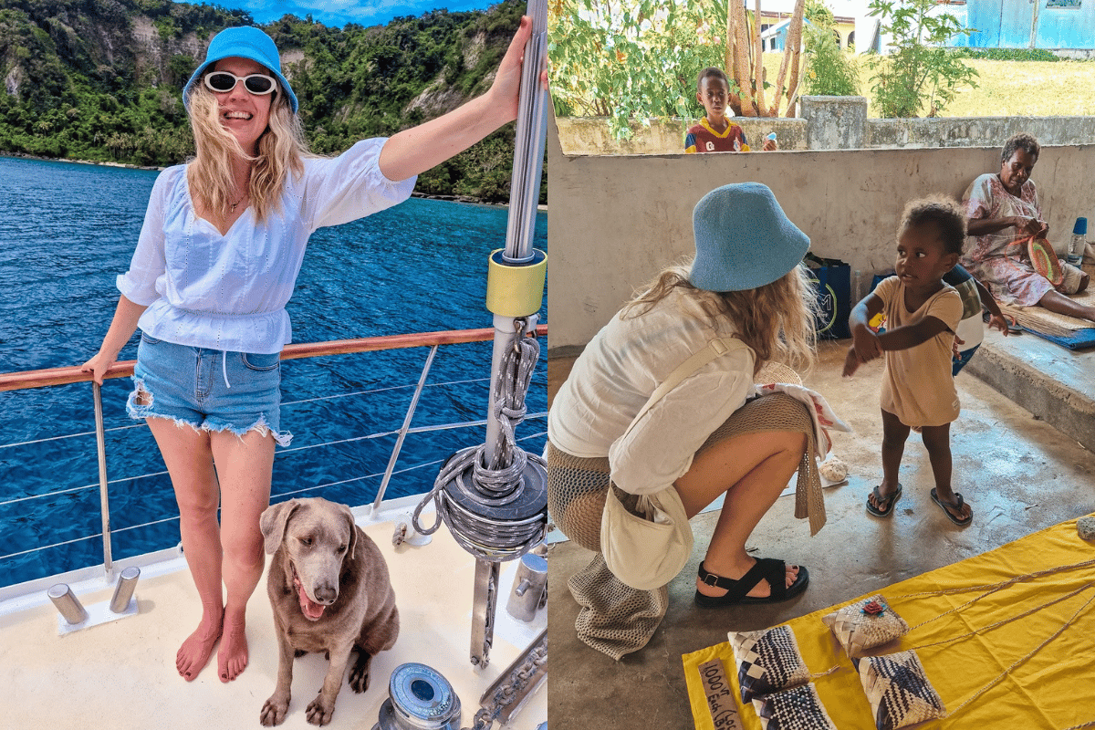 woman on a sail boat with a dog and at a Vanuatu mamas market
