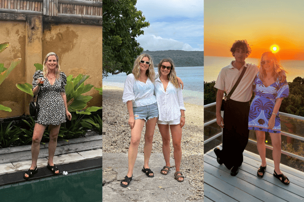woman wearing black sandals in Bali, Vanuatu and Greece.