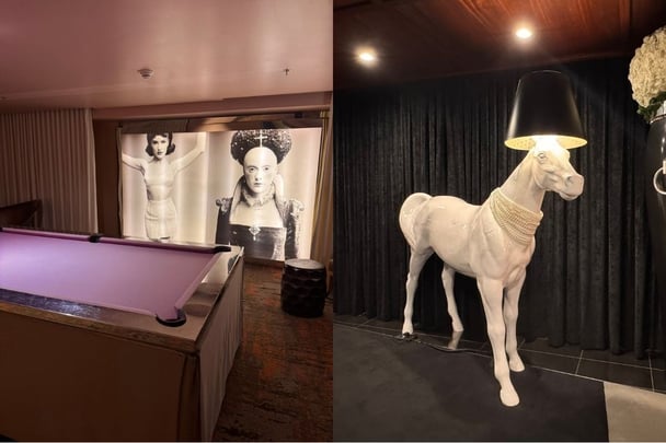 The interior decor of SLS Beverly Hills hotel, including a purple pool table and a horse sculpture with a lamp on its head.