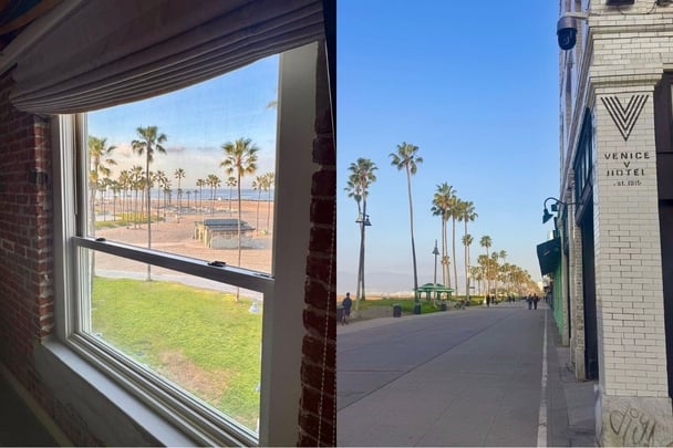 The view from a room at the Venice V Hotel and the exterior.