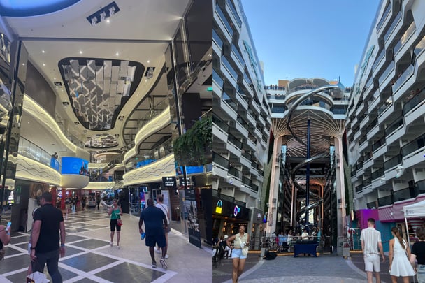 Inside MSC World America (left), MSC World America World Promenade (right).