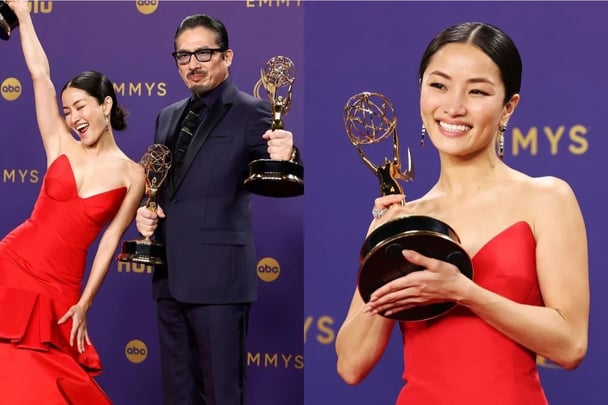 The cast of Shogun with their Emmy Awards.