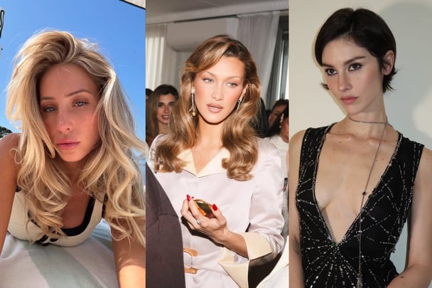 Alix Earle, Bella Hadid, Gracie Abrams all wearing side part hair trend