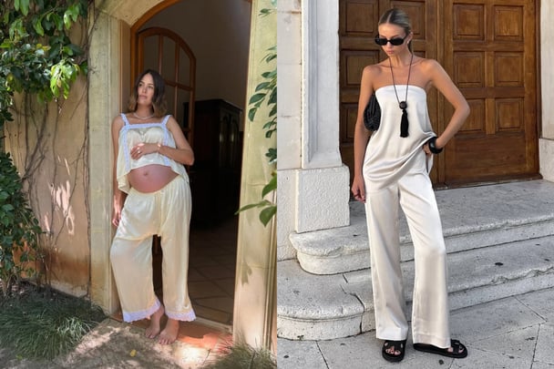 Split image. On the left, Jesinta stands in a yellow silk set with lace trim, on the right, Aleksandra is in all-white silk set.