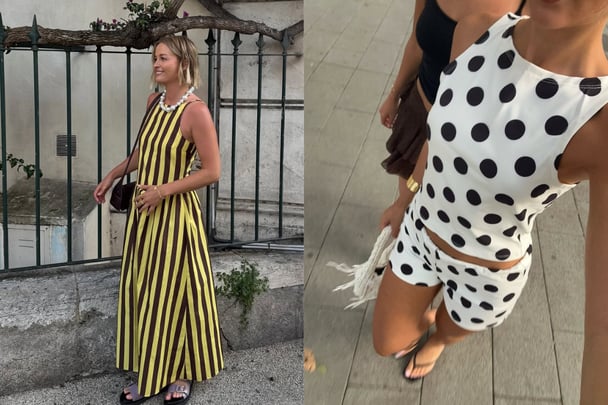 Split image. On the left, Lau wears a yellow and brown striped maxi dress. On the right, selfie of black and white polka dot set.