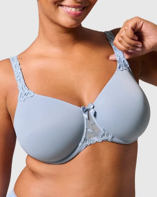 woman wearing blue bra