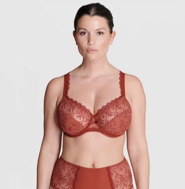 woman wearing rust colour bra and knickers