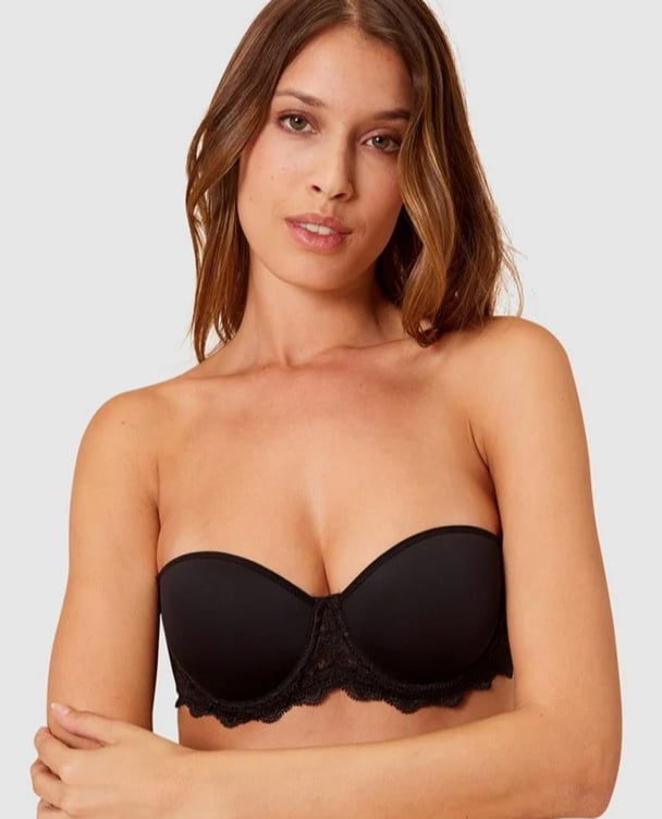 woman wearing black strapless bra