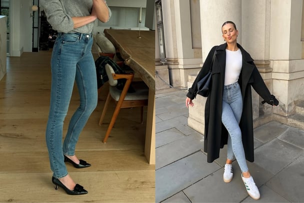 Split image of two women in light wash blue skinny jeans.