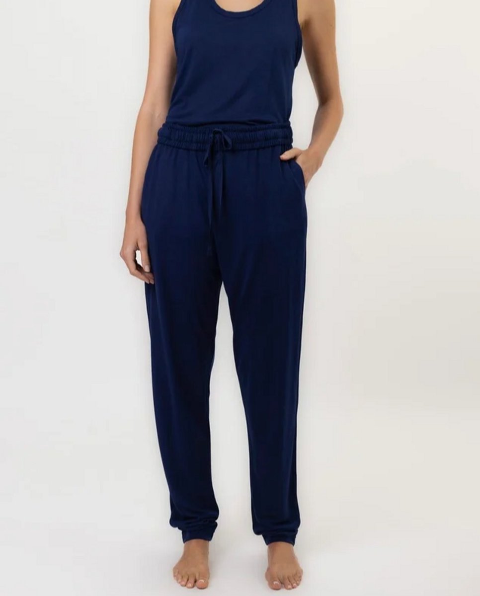 woman wearing blue pj pants