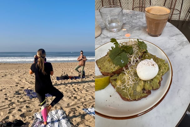 Split image of Sasha doing yoga on the beach and a plate of avocado toast.