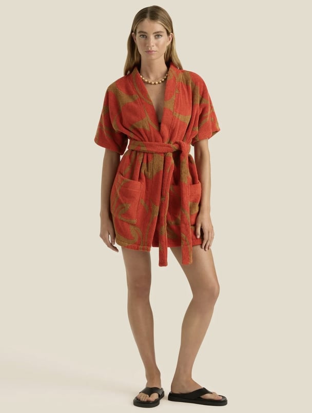 beach towel dressing gown Towel Dress in Green and Blue Toile – Susan Albright main image 0