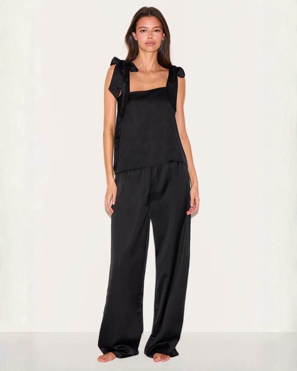 PLT Black Satin Ribbon Tie Cami Long Pj Set
