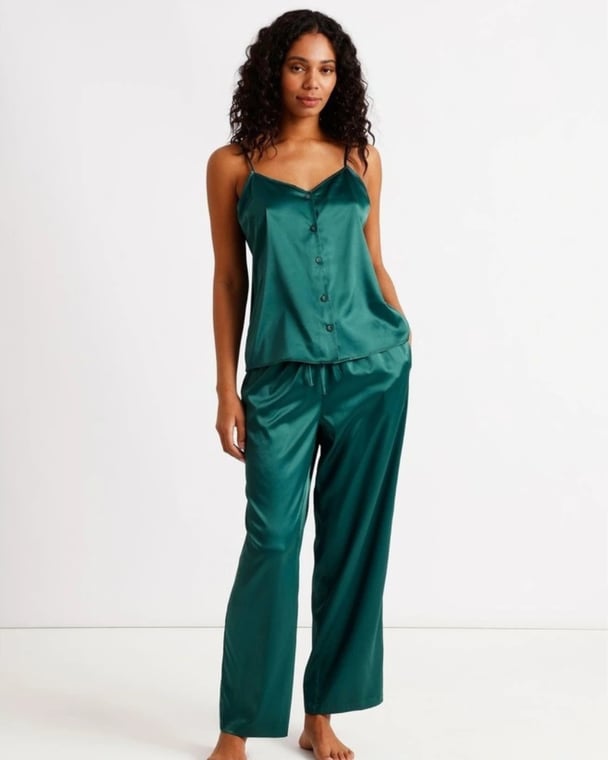 Chloe & Lola Luxe Satin Cami Pant PJ Set in Teal,