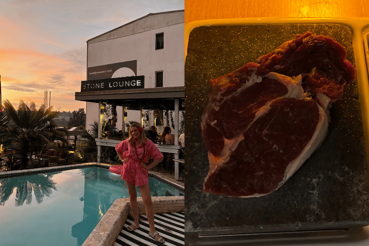 woman standing by a pool Stone Lounge, Steak from Stone Grill 
