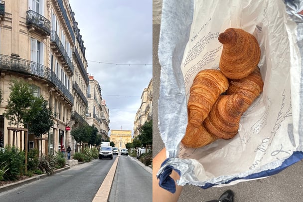 Split image of French towns and bag of croissants.