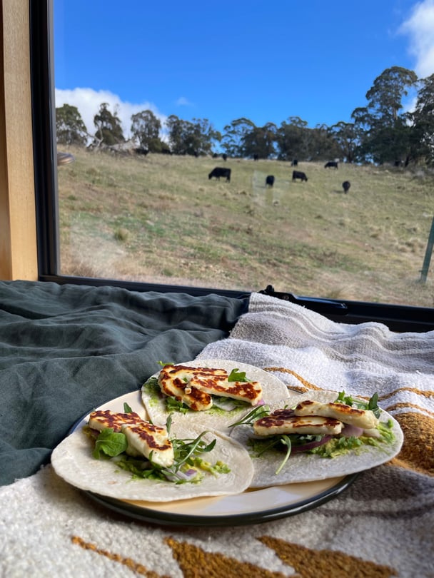 Halloumi, rocket and avocado tacos.