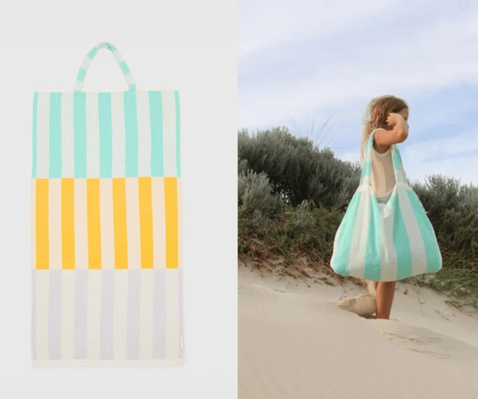 side by side of sunnylife tote bag and girl wearing it on a sand dune 