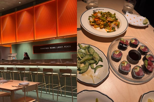 Split image of Super Peach sushi bar and plates of sushi.
