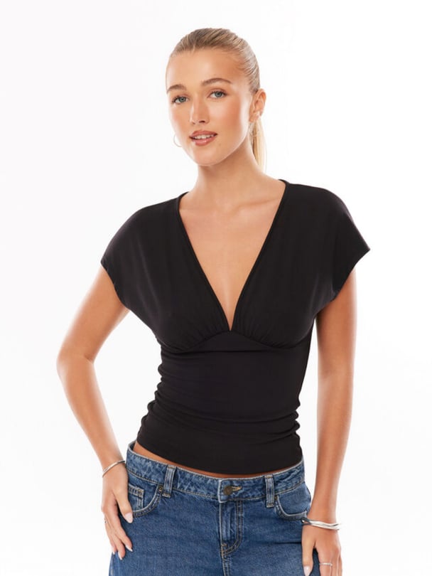 Deep V neck black t-shirt.
