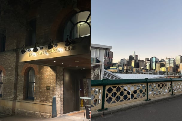 The exterior and rooftoop of Hotel Woolstore 1888 in Pyrmont, Sydney.