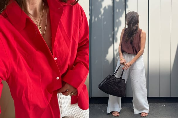 Split image. On the left, a bright red poplin shirt. On the right, Shelley is wearing a brown linen shirt and white linen pants.