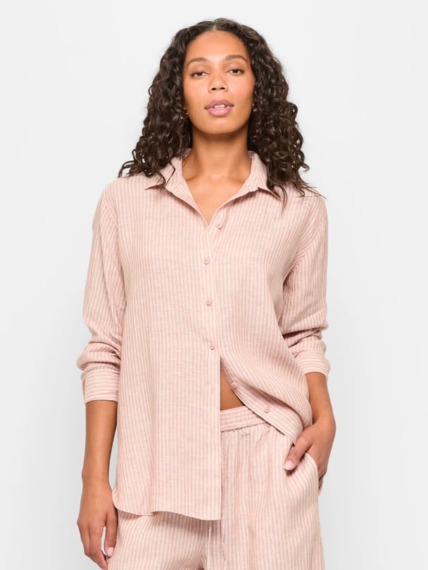 Pink and white striped linen button up.
